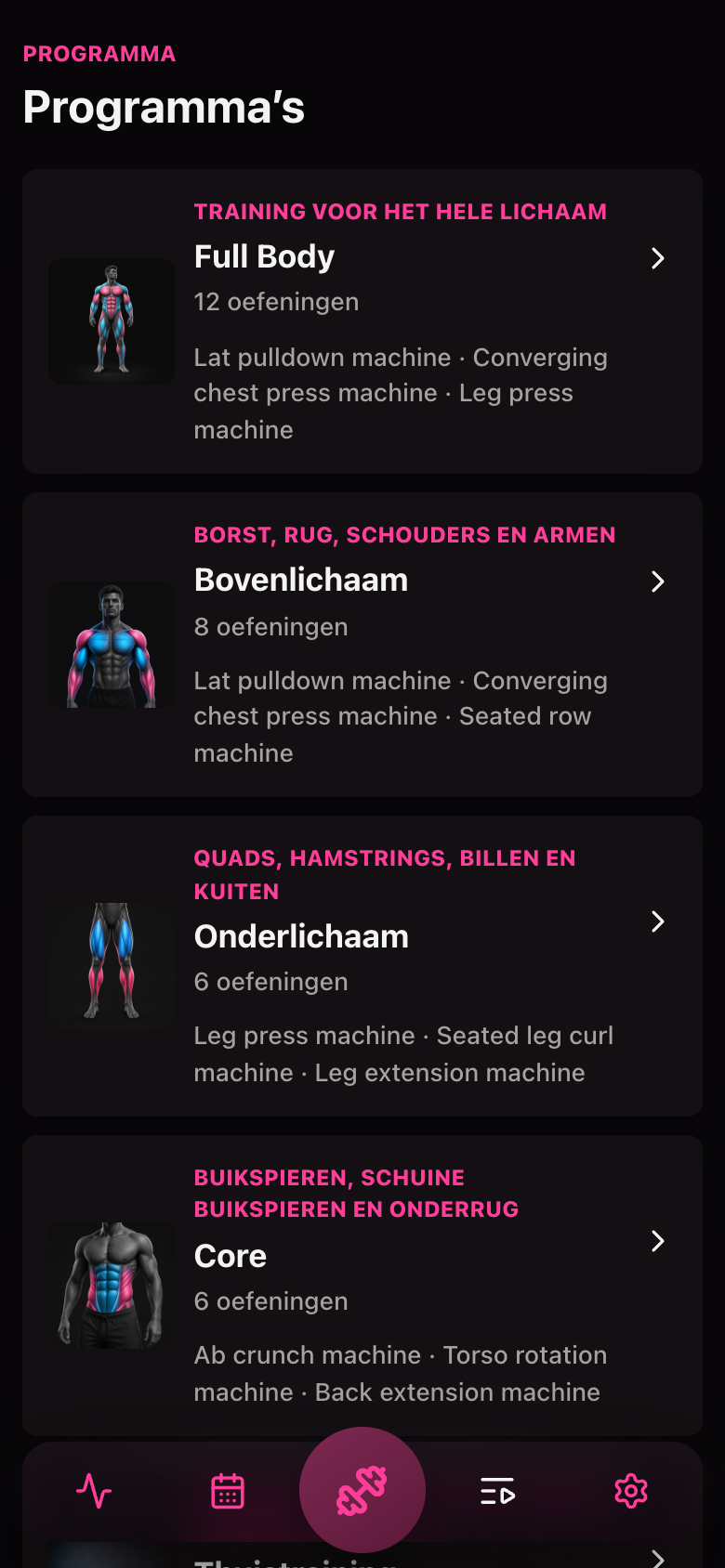 Het Fitgirl-programmaoverzicht met full-body-, upper-body-, lower-body- en coretrainingen